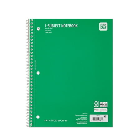 Pen + Gear Wide Ruled 1-Subject Notebook, 10.5” x 8”, Green, 70 Pages