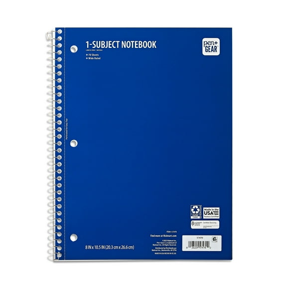 Pen+Gear Wide Ruled 1-Subject Notebook, 8" x 10.5", Blue, 70 Sheets