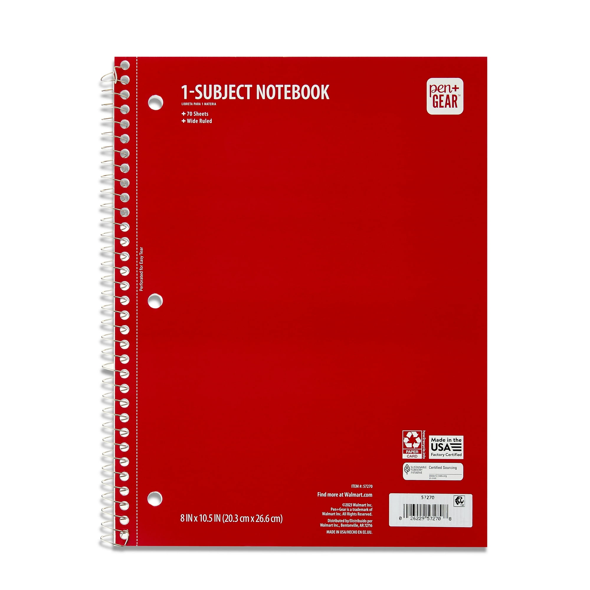 Pen+Gear Wide Ruled 1-Subject Notebook, 8" x 10.5", Red, 70 Sheets