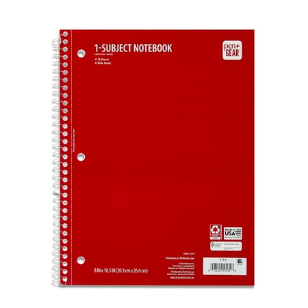 Pen+Gear Wide Ruled 1-Subject Notebook, 8" x 10.5", Red, 70 Sheets