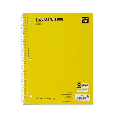 Pen+Gear Wide Rule 1 Subject Notebook, 8” x 10.5”, Yellow, 70 Sheets, New
