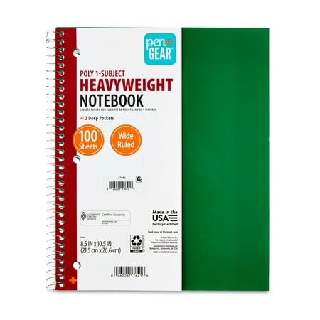 Pen+Gear Wide Ruled 1-Subject Poly Notebook, Forest Green, 8.5" x 10.5", 100 Sheets