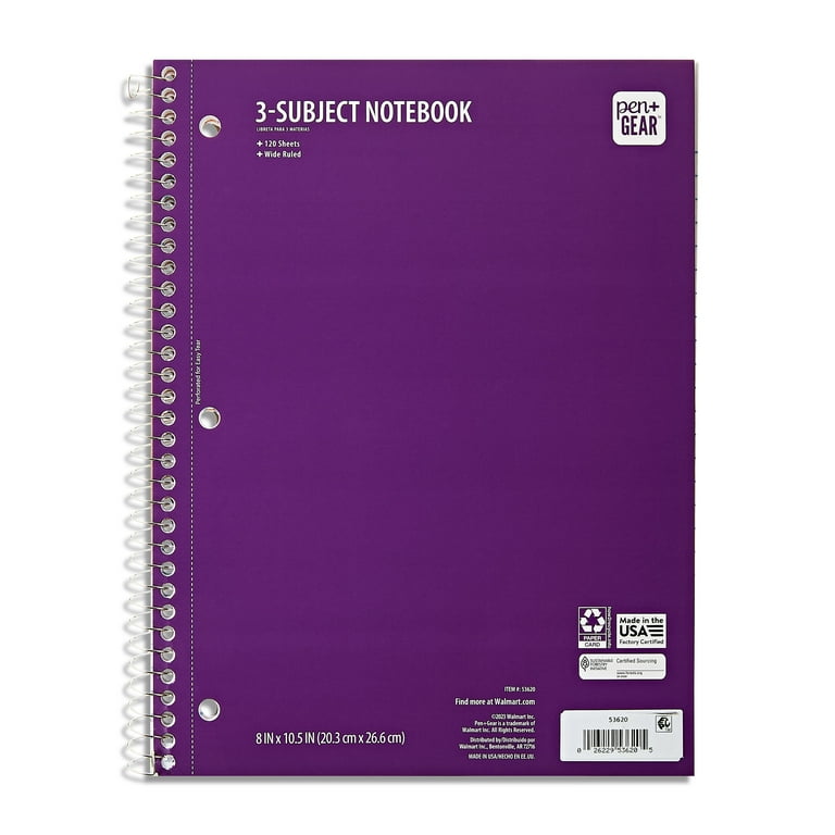Pen+Gear Wide Rule 3 Subject Notebook, 8” x 10.5”, Purple