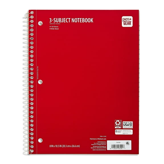 Pen + Gear Wide Ruled 3-Subject Notebook, 8" x 10.5", Red, 120 Sheets