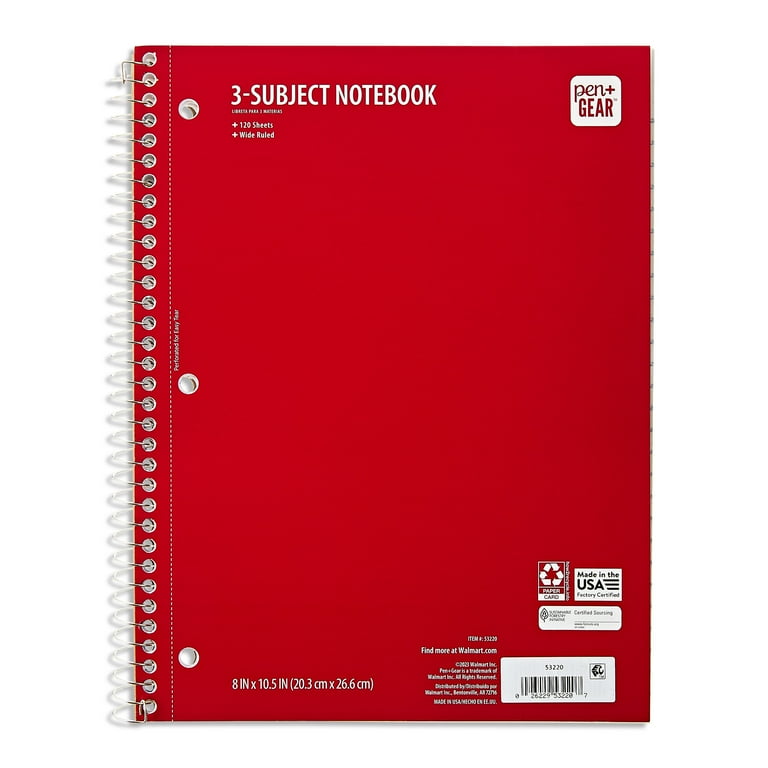 Pen + Gear Wide Ruled 3-Subject Notebook, 8