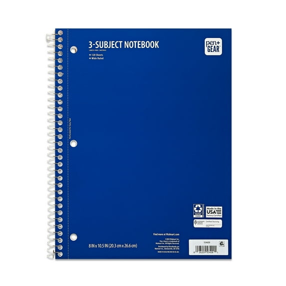Pen + Gear Wide Ruled 3-Subject Spiral Notebook, Blue, 10.5" x 8", 120 Pages