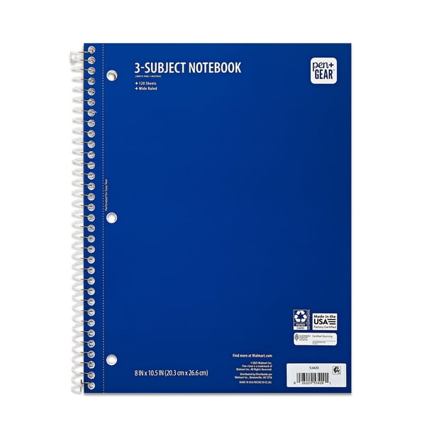Subject Wide Ruled Blue Notebook Pen + Gear Wide Ruled 3-Subject Spiral Notebook, Blue, 10.5