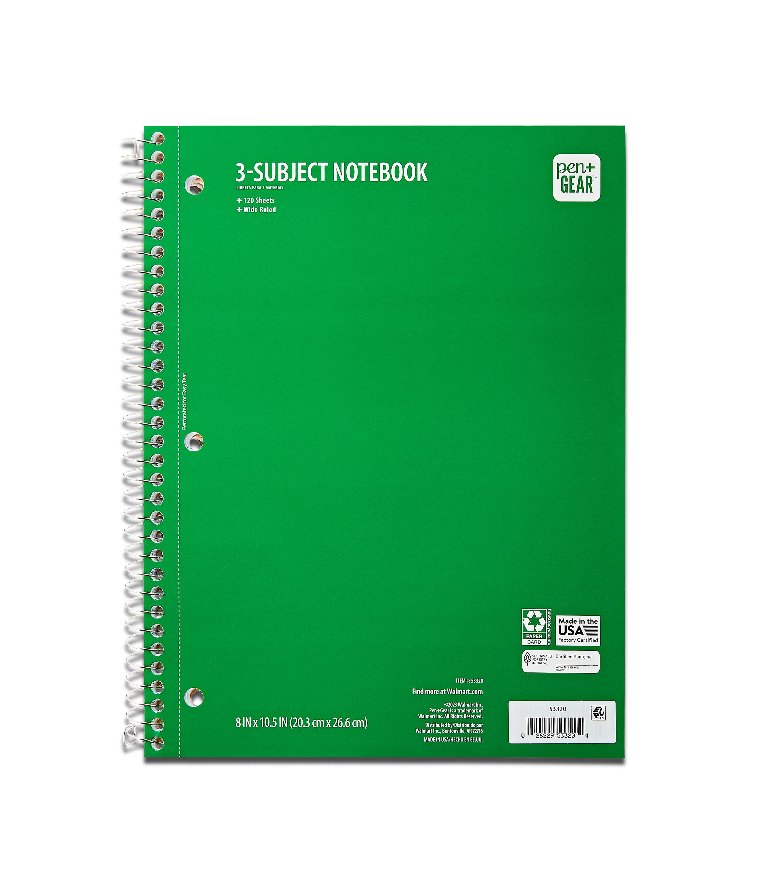 Pen + Gear Wide Ruled 3-Subject Spiral Notebook, Green, 10.5 Pen + Gear Wide Ruled 3-Subject Spiral Notebook, Green, 10.5
