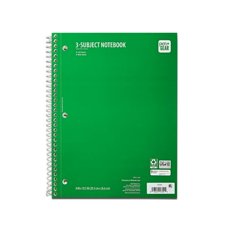 Pen + Gear Wide Ruled 3-Subject Spiral Notebook, Green, 10.5" x 8", 120 Pages