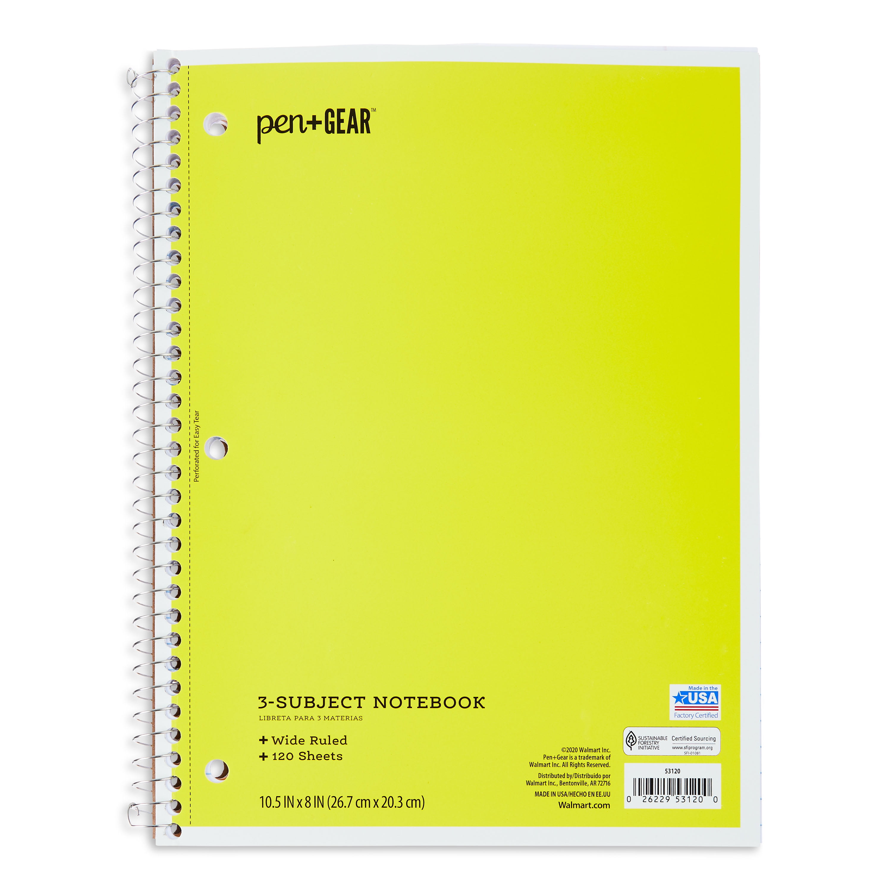 Pen+Gear Wide Ruled 3Subject Spiral Notebook, Yellow, 10.5" x 8", 120