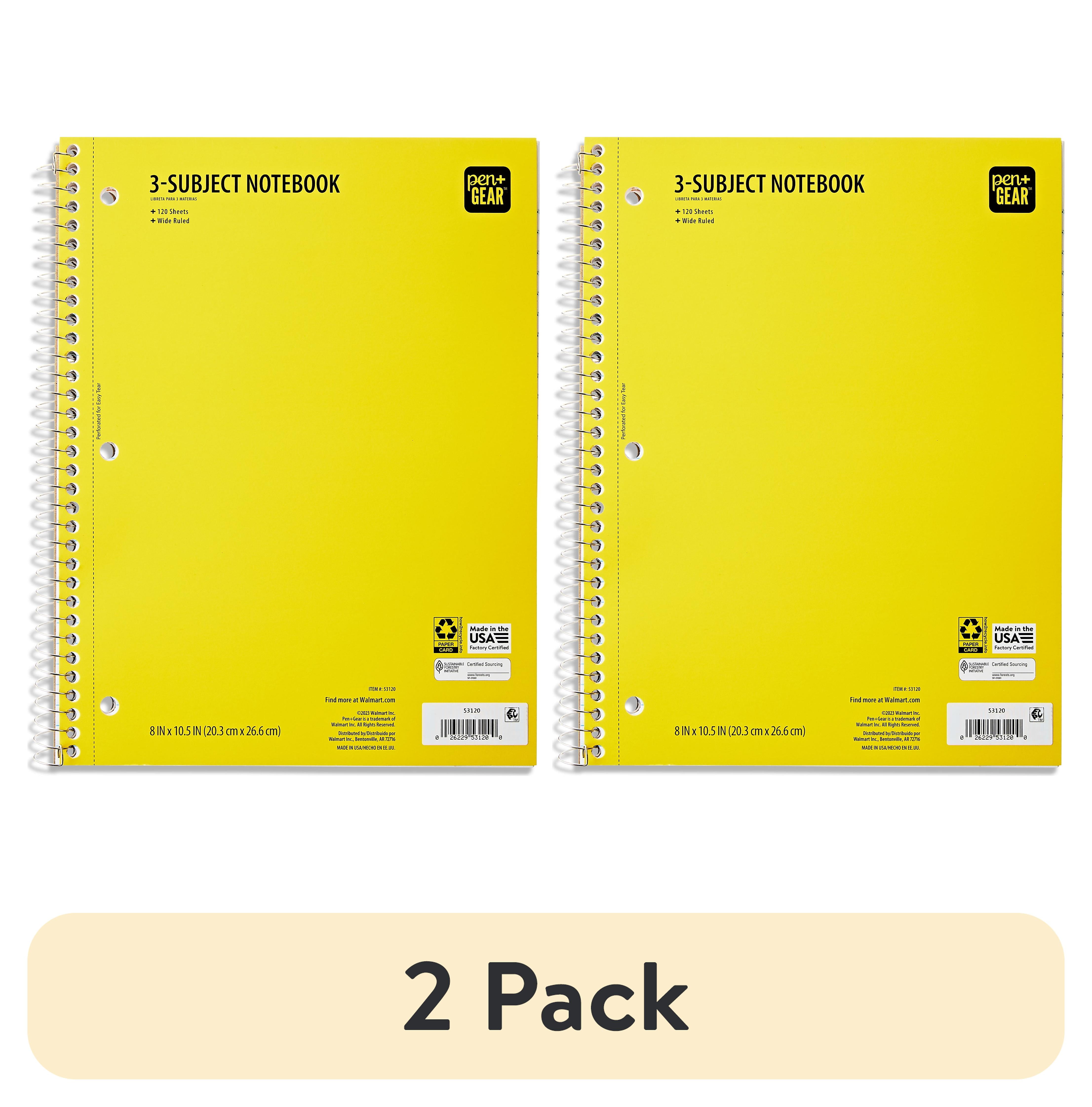 (2 pack) Pen + Gear Wide Ruled 3Subject Spiral Notebook, Yellow, 10.5