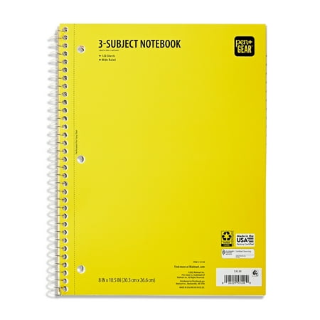 Pen + Gear Wide Ruled 3-Subject Spiral Notebook, Yellow, 10.5" x 8", 120 Pages