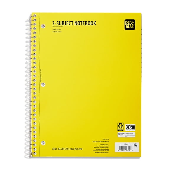Pen + Gear Wide Ruled 3-Subject Spiral Notebook, Yellow, 10.5" x 8", 120 Pages