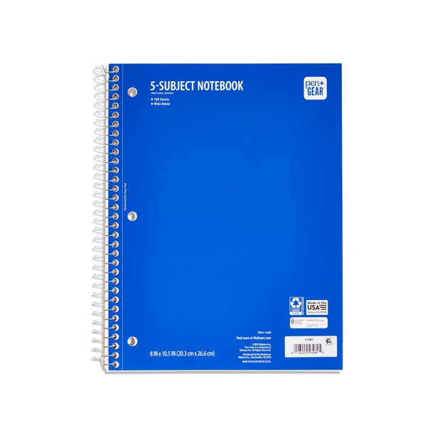 Subject Wide Ruled Blue Notebook Pen+Gear Wide Ruled 5-Subject Notebook, 8
