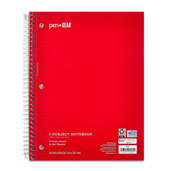 Pen+Gear Wide Rule 5 Subject Notebook, 8” x 10.5”, Red, 180 Sheets, New