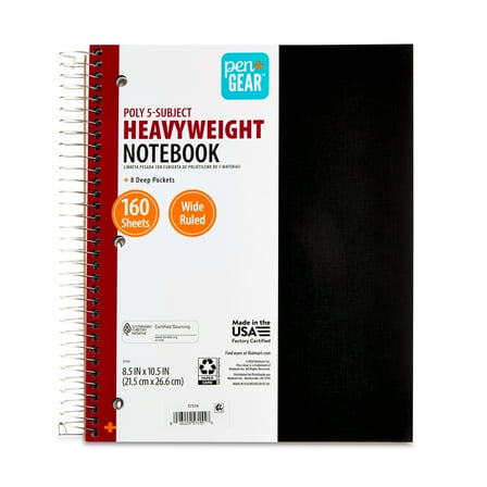 Pen+Gear Wide Ruled 5-Subject Poly Notebook, Black, 8.5" x 10.5", 160 Sheets
