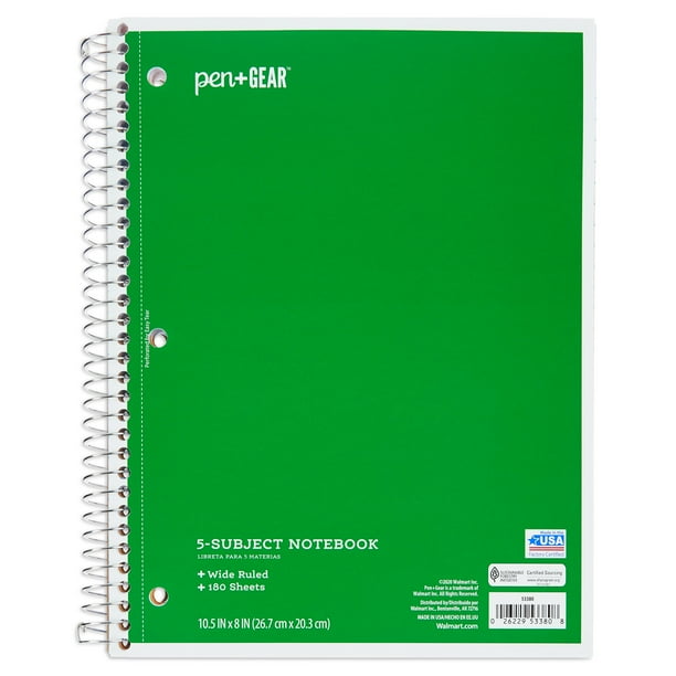 Pen+Gear Wide Ruled 5Subject Spiral Notebook, Green, 10.5" x 8", 180