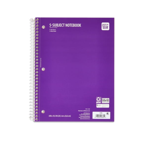 Pen+Gear Wide Ruled 5-Subject Spiral Notebook, Purple, 10.5 in x 8 in