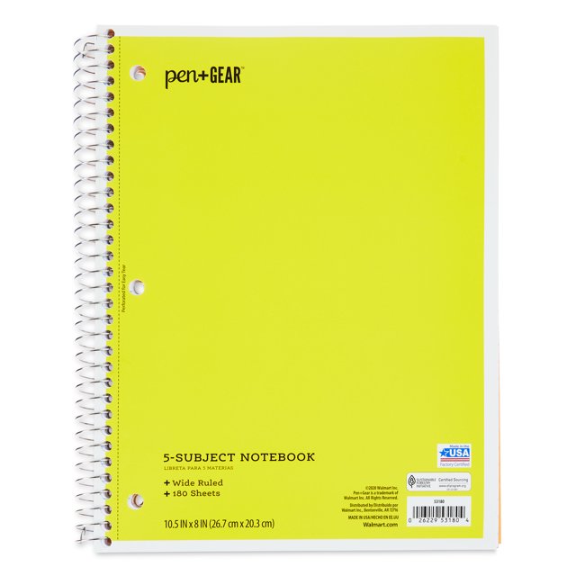 Pen+Gear Wide Ruled 5Subject Spiral Notebook, Yellow, 10.5" x 8", 180