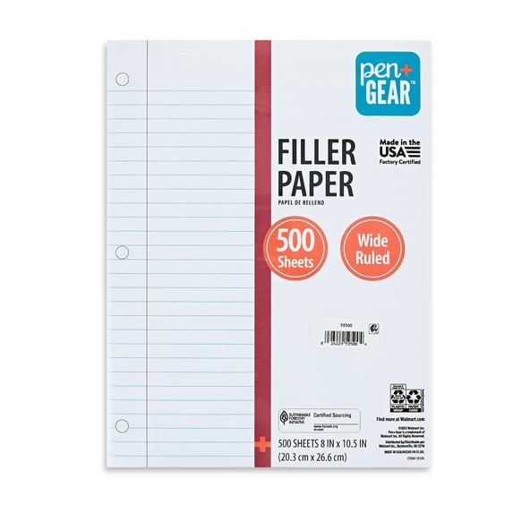 Pen+Gear Wide Ruled 8" x 10.5" Filler Paper, 500 Sheets