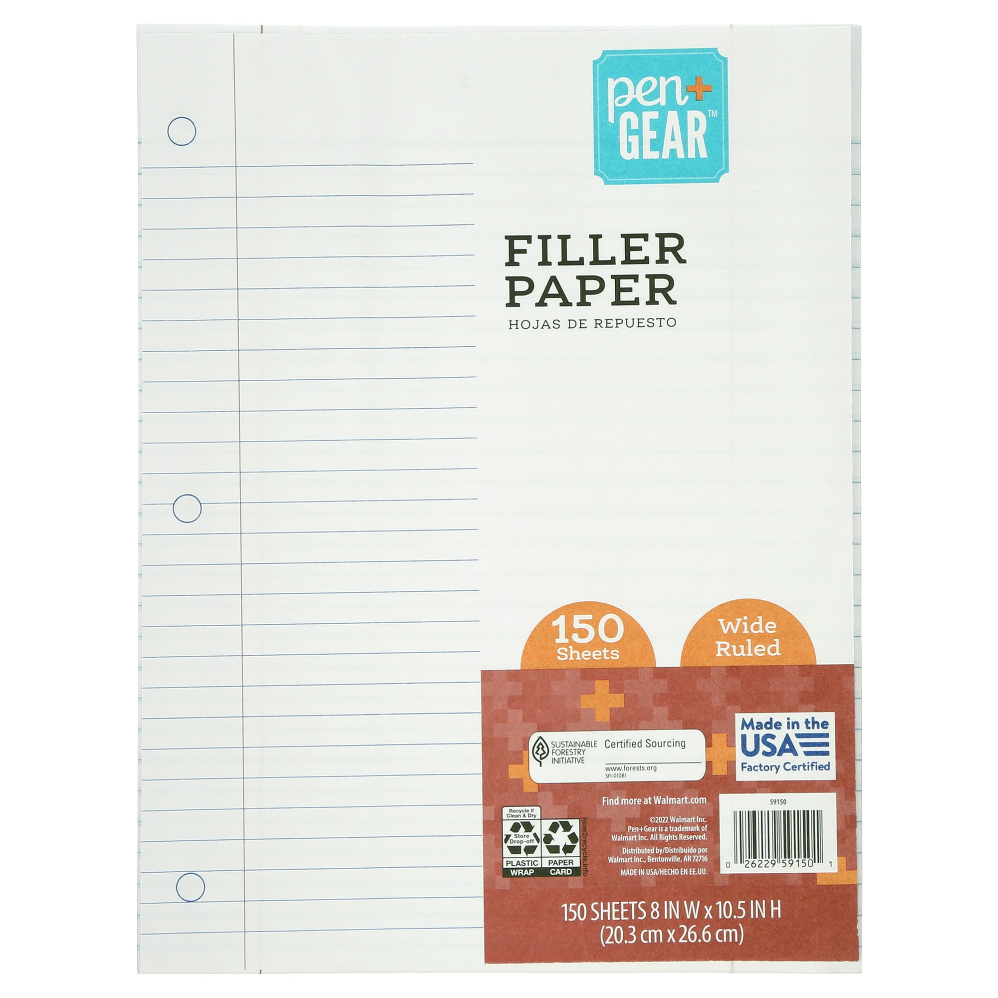 Pen+Gear Wide Ruled Filler Paper, 10.5″ x 8″, 150 Sheets (59150)