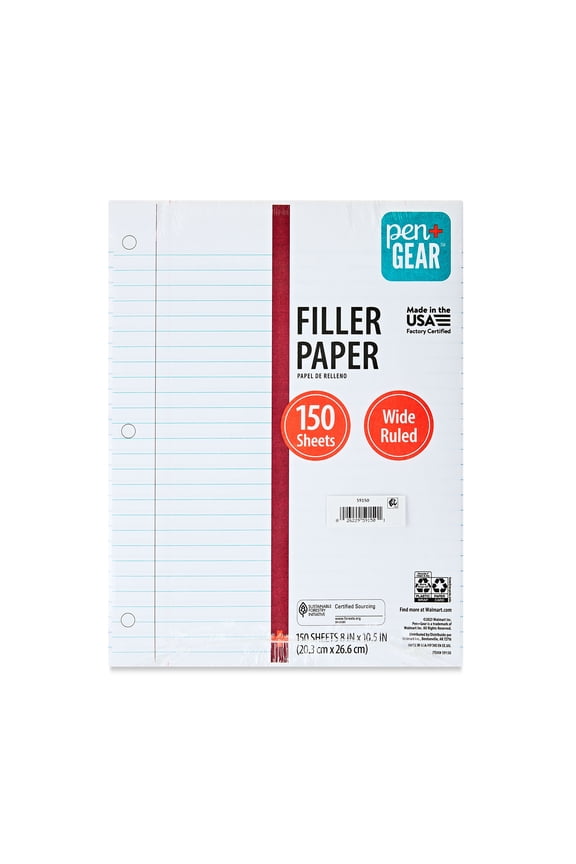 150 Sheets Wide Ruled Filler Paper, 10.5" x 8"