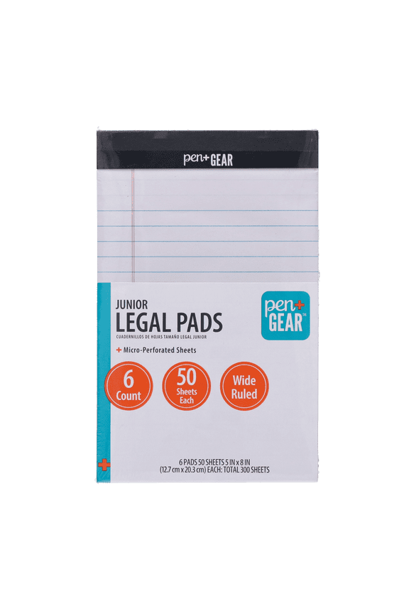Wide Ruled Junior Legal Pads, 5" x 8", White Paper, 50 Sheets Each, 6 Pack