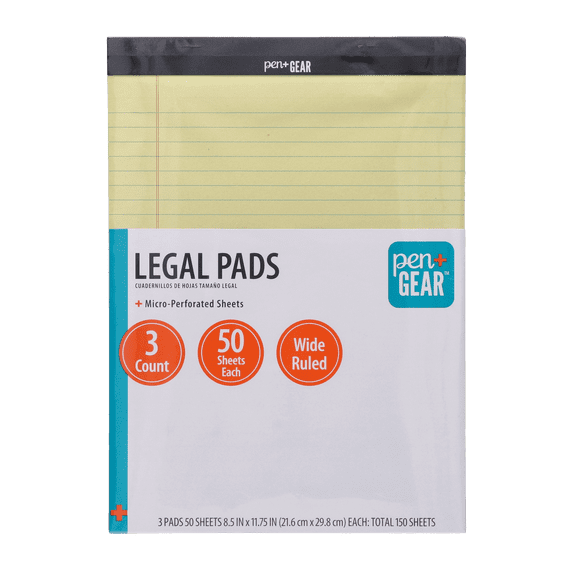 Pen+Gear Wide Ruled Legal Pads 8.5" x 11.75", 50 Sheets Each, 3-Pack, Canary