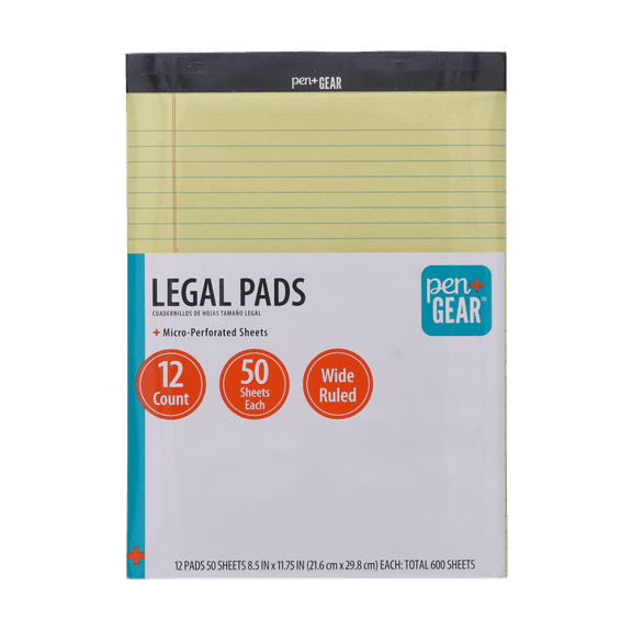 Pen + Gear Wide Ruled Legal Pads, 8.5"x11", Canary Paper, 50 Sheets, 12 Pack