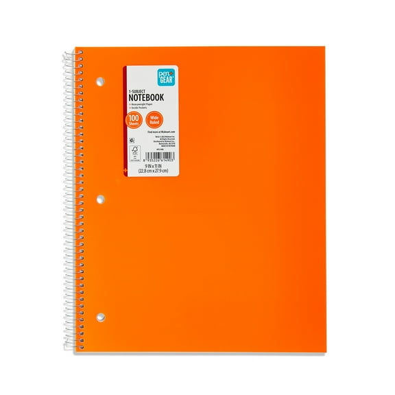 Pen + Gear Wide Ruled Poly 1-Subject Notebook with Inside Pockets, 9" x 11", Orange, 100 Heavyweight Sheets