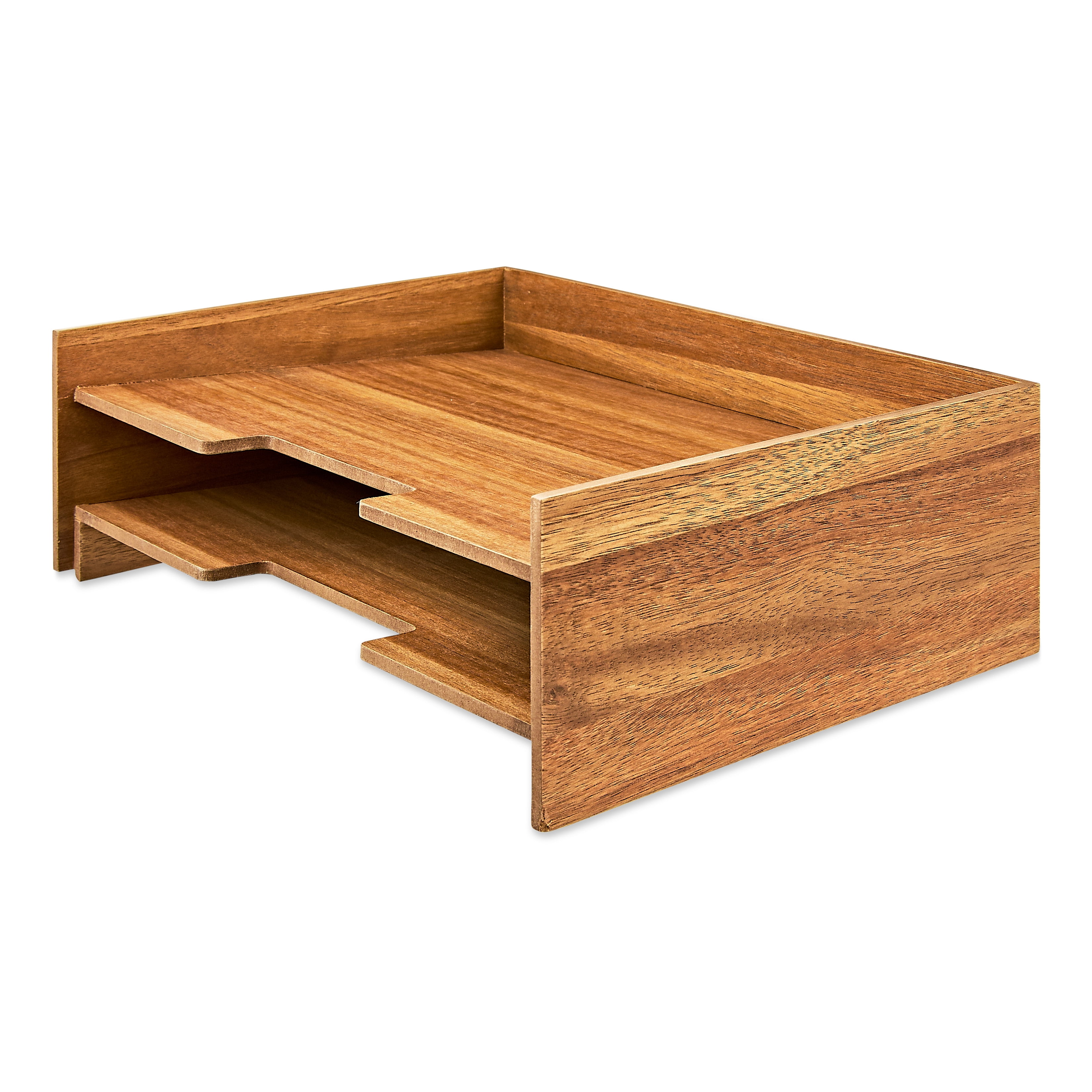 Acacia Finish Wooden Two-Tier Paper Tray, 12.6 x 9.5 x 4.1 Inches