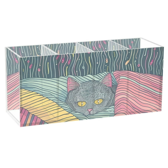 Pen Holder 4 Compartments Acrylic Pencil Cup Desktop Makeup Organizer Office Supplies Gray Cat Hiding under Blanket