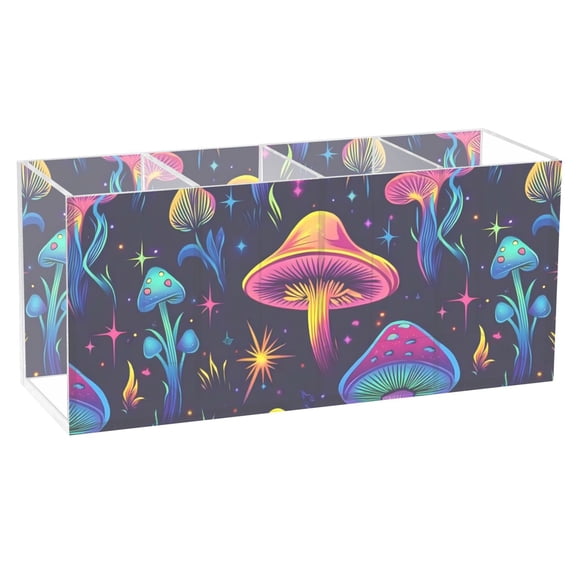 Pen Holder 4 Compartments Acrylic Pencil Cup Desktop Makeup Organizer Office Supplies Neon Mushroom and Star