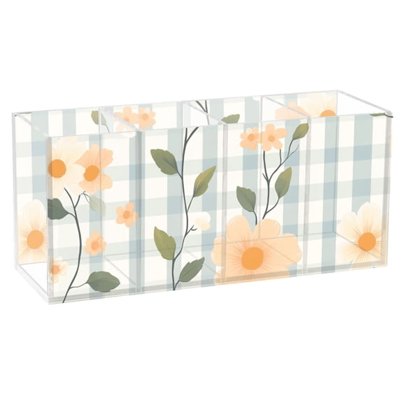 Pen Holder 4 Compartments Acrylic Pencil Cup Desktop Makeup Organizer Office Supplies Peach Floral with Gingham