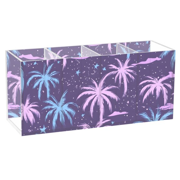 Pen Holder 4 Compartments Acrylic Pencil Cup Desktop Makeup Organizer Office Supplies Pink Blue Plam Tree