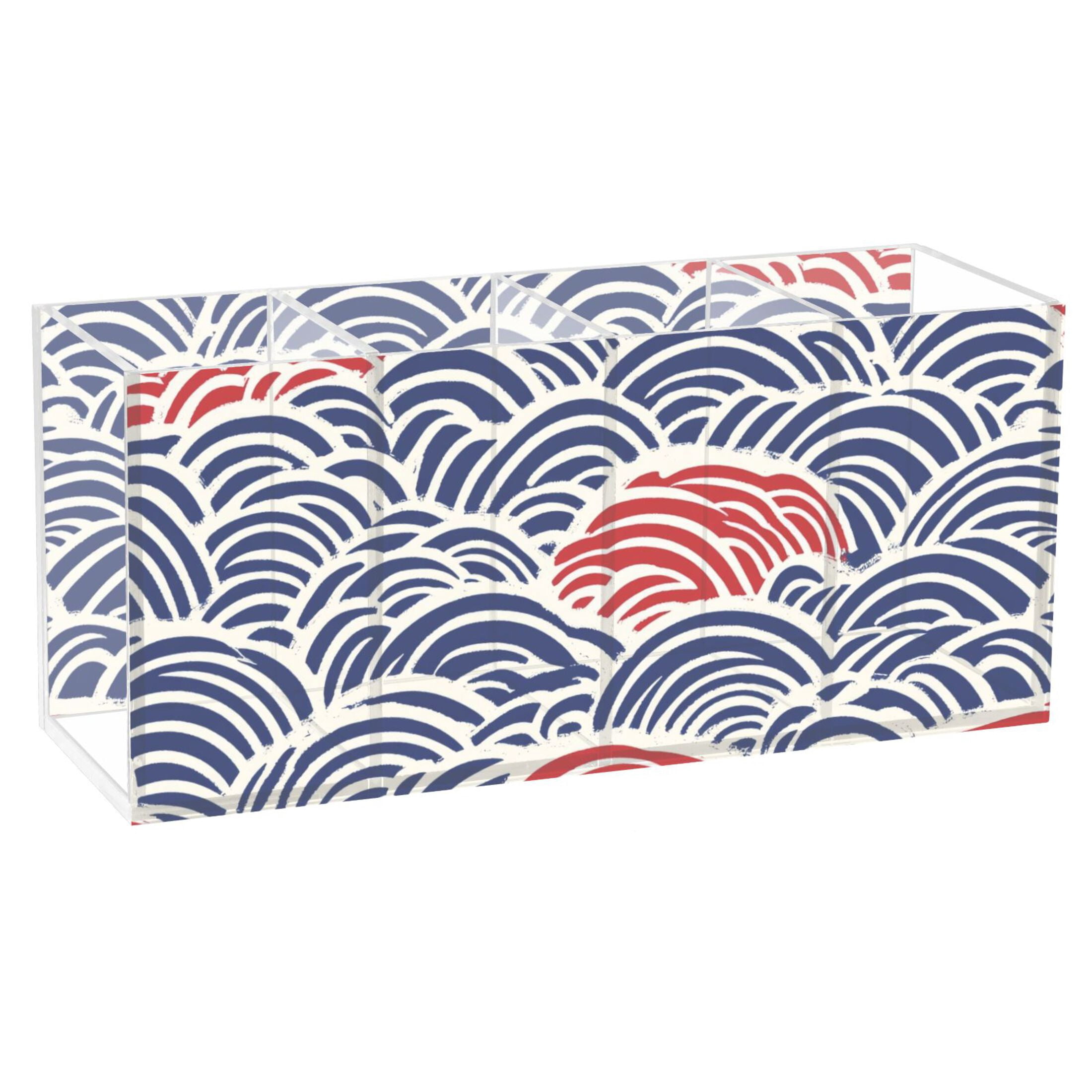 Pen Holder 4 Compartments Acrylic Pencil Cup Desktop Makeup Organizer Office Supplies Red Blue Japanese Wave