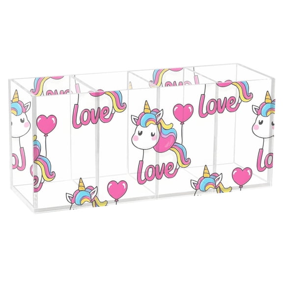 Pen Holder 4 Compartments Acrylic Pencil Cup Desktop Makeup Organizer Office Supplies Unicorn and Love Balloon