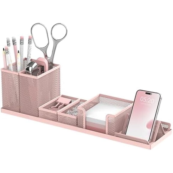 Pen Holder for Desk, 6 Piece Mesh Desk Organizer set for Office Organization with Mail Organizer, Letter Phone Holder, Sticky Notes Caddy Storage, Pink