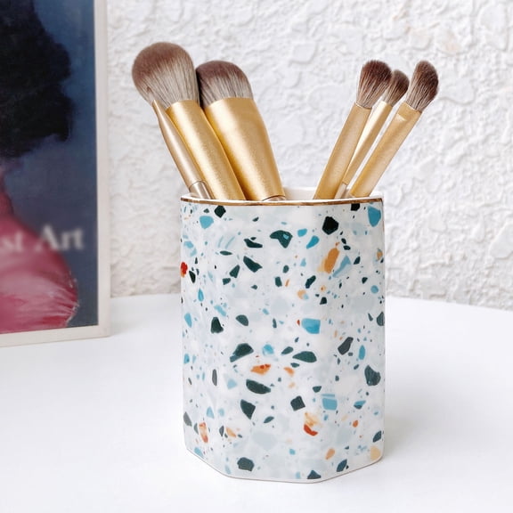 Ceramic Pen Holder Desktop Organizer & Pencil Holder Makeup Brush Holder Blue Terrazzo