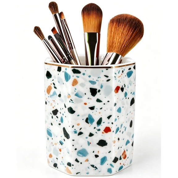 Ceramic Pen Holder Desktop Organizer & Pencil Holder Makeup Brush Holder Blue Terrazzo