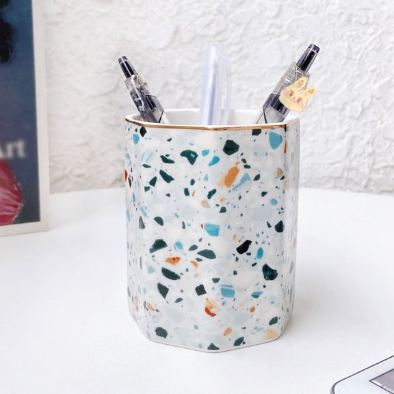 Pen Holder for Desk, Ceramic Pencil Organizer & Makeup Brush Holder, Office Decor and Desk Accessories，Perfect Office Organization,Teacher Supplies Terrazzo Marble