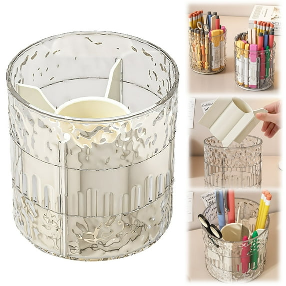 Pen Holder for Desk, Clear Makeup Organizer with 5 Compartments, Detachable Desk Organizer with Rotating Dividers, Spinning Pencil Holder for Home Office Supplies, Dia 4.4in/ 4.7in H