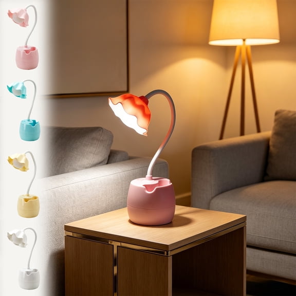Pen Holder Desk Lamp LED, Cute Flower Eye Protection, Flexible Gooseneck Study Reading Light with Pen Caddy for Dormitory Bedroom by PALIFEUR