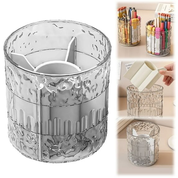 Pen Holder for Desk, Pencil Holder for Desk, 360 Degree Rotating Pen Holder, 5 Compartments Clear PET Desktop Storage, Acrylic Pen Holder, Desk Organizer, Round Pen Holder Detachable