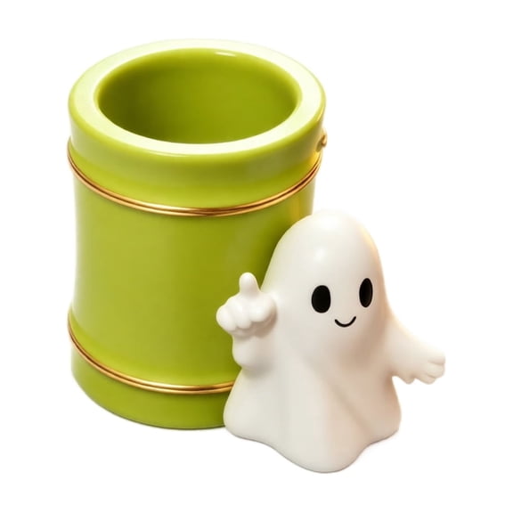 Pen Holder Green Ceramic Ghost Figurine Gold Trim Desk Organizer for Home Office Halloween Desk Decor 1 Piece Desktop Accessory