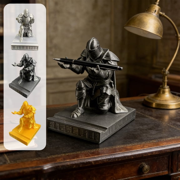Pen Holder Knight Figurine, Desktop Organizer for Pens, Decorative Office Decor, Study Table Accessory, Stationery Stand, Unique Gift for Writers, Book Lovers, Home Office （Gray）