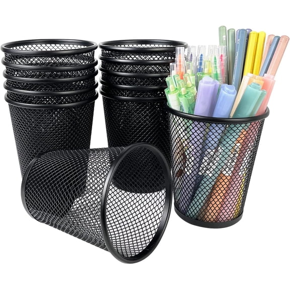 Pen Holder Mesh Pencil Holder, 12 PackMetal Pen Holder Large Pencil Holder,Premium Mesh Metal Pencil Holder for Desk Office Pen Organizer, Black