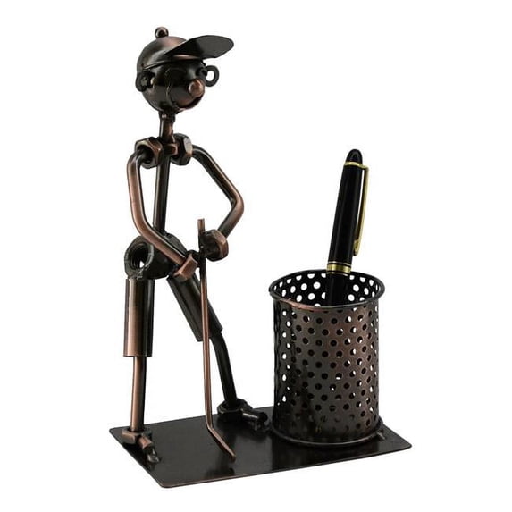 Pen Holder Metal Desk Accessory Golfing Golfer Themed in Silver