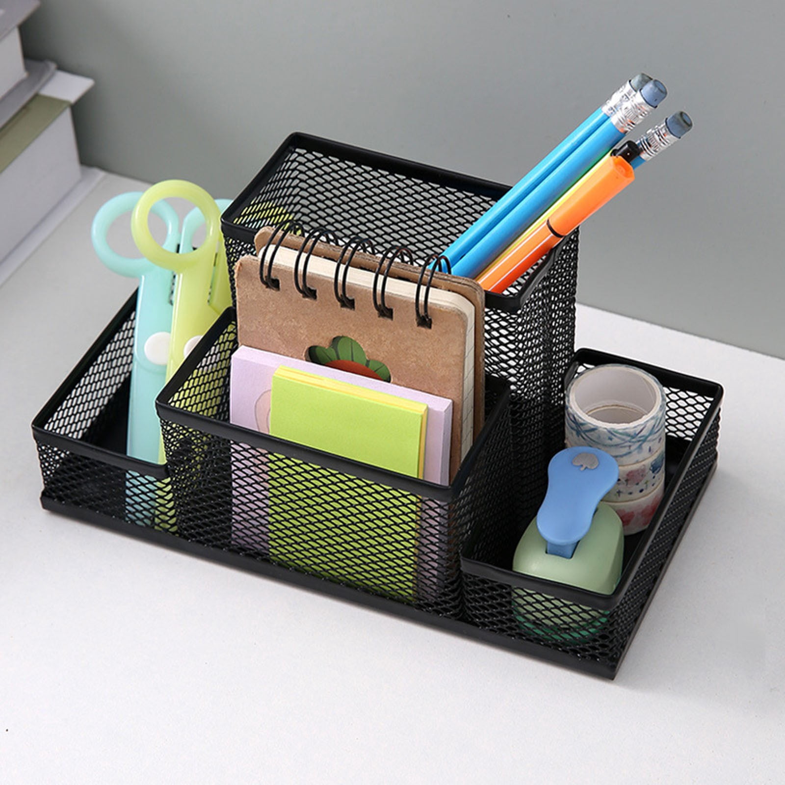 Pen Holder Metal Wire Mesh Pencil Container 4 Divided Compartments Home ...