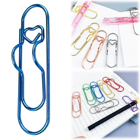 Pen Holder for Notebook, Paper Clips, Colorful Heart Metal Pen Holder Clips, Paperclip Pen Clips, Cute Pen Holder Clip for Notebook Diary Planner Accessories Blue 2.75x0.78 Inch (1Pcs)
